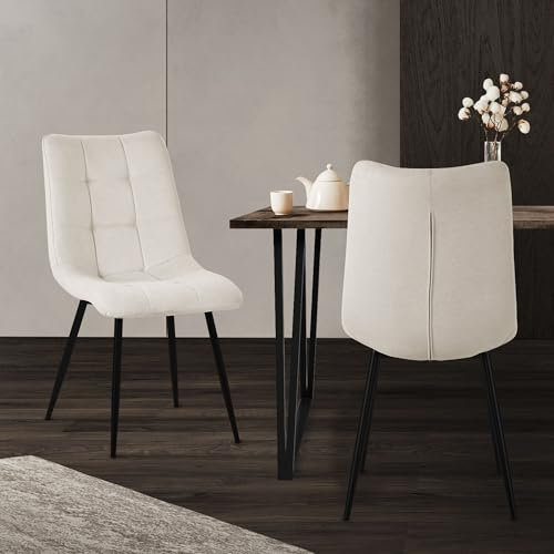ML-Design Set de 2 Chaises de Salle à Manger Beige, avec Revêtement en Tissu Polyester et Pieds Métalliques Noirs, Chaises de Cuisine avec Dossier, Chaises Rembourrées pour Salon Bureau, Kit Montage