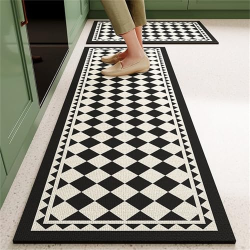 Highdi Kitchen Rug, Modern Checkerboard Kitchen Mat, Door Mat, Kitchen Mats non Slip Washable, Water Absorbent and Quick Drying Kitchen Rugs, for Kitchen, Entryway, Hallways (50x160cm,Black)