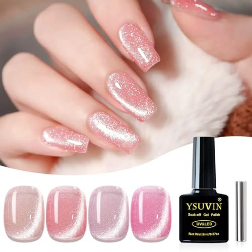 YSUVIN UV Nagellack Kristalle Cat Eye - 4 Farben Rosa Nude Jelly Magnet Mit Magnet Soak-Off Gel für Anfänger DIY Nail Art Maniküre Salon, 8 ML