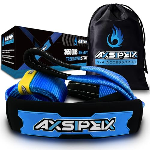 AXSIPEIX Tree Saver Strap 3in x 8ft (36,500 lbs), Includes: Heavy Duty Reinforced Draw String + Havy Duty Storage Bag, Truck, SUV, ATV Off Road Tree Saver Strap Kit