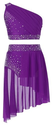 CHICTRY Tuta Ginnastica Artistica Bambina Paillettes Crop Top con Gonna di Danza Classica Minigonna Vestito da Ballo Latino Americano Dancewear Viola 13-14 Anni