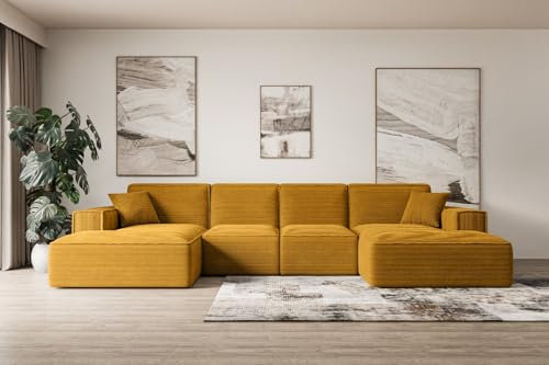 ALTDECOR Ecksofa in U-Form Corner Sofa Bett Eckcouch Couch L-Form Wohnlandschaft Cauchsofa Sierra-U - 344x165x73 cm Senfgelb