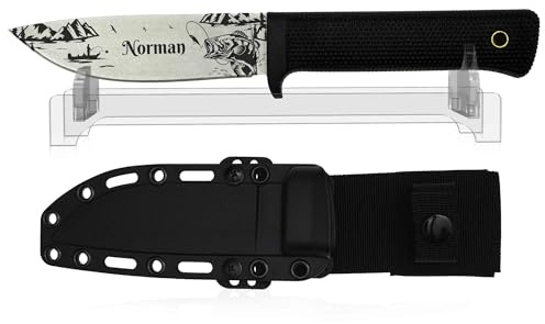 WOLFSARTIG Angelmesser mit Gravur & Name – Geschenk für Angler & Männer – Personalisiertes Messer mit Stonewash-Klinge zum Geburtstag, Vatertag oder Weihnachten (Stonewash - mit Ständer)