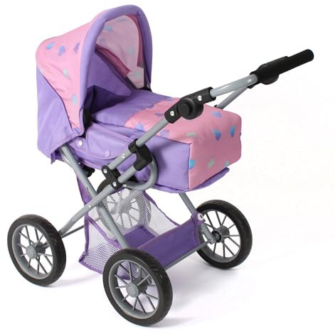 Bayer Chic 2000® 3in1 Kombi Puppenwagen Leni - Herzchen lila - faltbar, höhenverstellbarer Griff 43-67 cm, Tragetasche – Puppen bis 46 cm, ab 3 J.