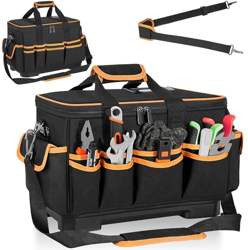 FREEAMG 16 Inch Open Mouth Tool Bag with Waterproof Hard Bottom, Multi-Pockets Tool Storage Organiser Bag with Adjustable Shoulder Strap, Heavy Duty Electrician Tool Bag for Home, Work, DIY