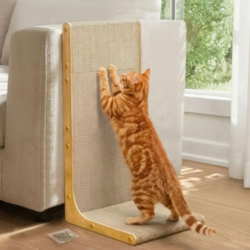 Cat Scratching Board, 58cm high L-Shaped Cat Scratcher, Vertical & Horizontal Scratching pad 3cm Thick Cardboard Pad, Durable, Eco-Friendly, Wood Grain