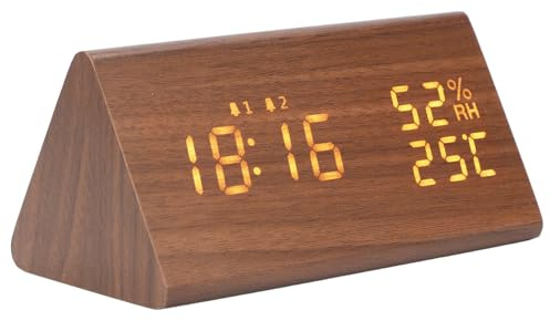 LED Wecker Holz, Braunes Digitaler Holzuhr mit Sprachsteuerung | 0-100 Helligkeit, 11 Wecktöne, 12/24H, Datum, Wochentag, Temperatur, 2 Alarme, Sprachsteuerung, DC 5V.