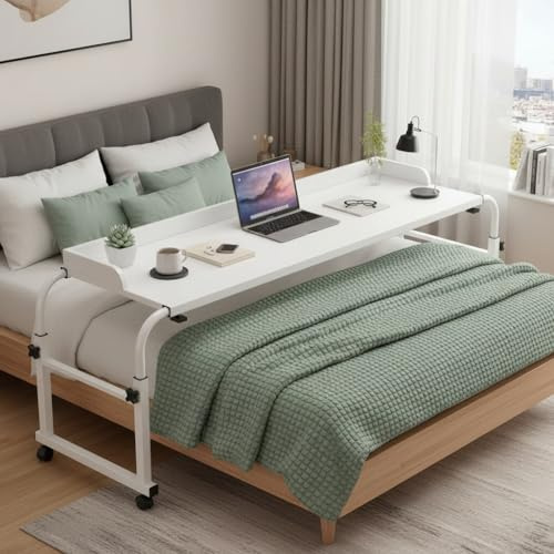 Bigingjia Overbed Table with Wheels, 120-210cm Adjustable Mobile Bed Desk for Queen/King Size Bed, Heavy Duty Cross Bed Table for Home & Hospital Use, Rolling Laptop Cart and Dining Table (White)