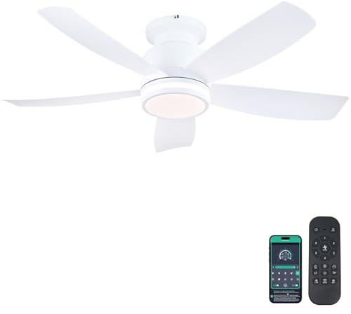 Kviflon Deckenventilator mit Beleuchtung Leise 104 cm, Deckenventilator mit Licht und Fernbedienung und App, Led Deckenventilatoren für Schlafzimmer Wohnzimmer, DC Motor,5 ABS Flügel, Weiß