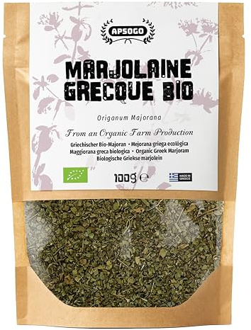 Apsogo Marjolaine Bio - Marjolaine Grecque Séchée, Origanum Majorana, 100g | Marjolaine grecque bio - feuilles séchées en vrac, arôme chaud et doux, pour la cuisine et la tisane.