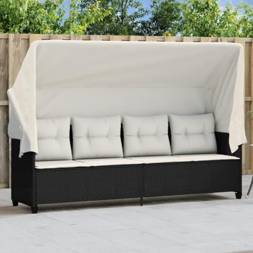 Hommdiy Sonnenliege mit Dach und Kissen Schwarz Poly Rattan