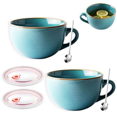 Tazza da Caffè Grande, Tazza in Ceramica da 700 ml, Tazza da Caffè in Ceramica, 2 Pezzi Tazza da Colazione per Muesli con Manico, Riutilizzare Ciotola per Cereali, Tazza per Cappuccino (Blu)