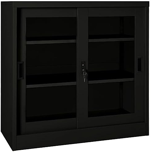 Fisinber Armoire de rangement, noire, 90 x 40 x 90 cm, en acier et verre trempé, avec porte coulissante et serrure, robuste, pour bureau et couloir