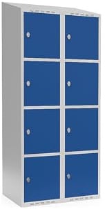 kaiserkraft | 4er-Schließfachschrank Fydor | 2 Abteile | lichtGrau/Enzianblau | B 800 mm | schräge Dachform | Vorhängeschloss