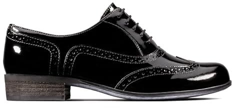 Clarks Women's Lace-Up Flats Wing Tip Brogue Shoes Hamble Oak Black Patent, 4 UK