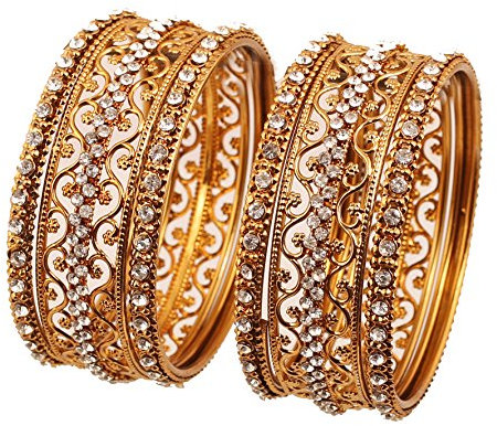 Touchstone Goldene Armband-Kollektion Exotische Filigran und Korn Arbeit freier Rhinestone-indischer Bollywood Thick dünner Metall-Armband-Armbänder im antiken Goldton für Frauen. Set von 6.