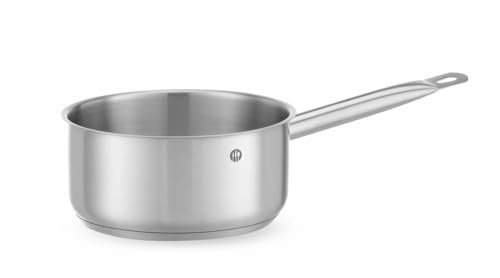 HENDI Stielkasserolle, geeignet für alle Herdarten, flacher Boden, kühl bleibende Griff, mit Aufhängeöse, Kochtopf, Soßentopf, 2L, ø200x(H)95mm, Edelstahl, Aluminium