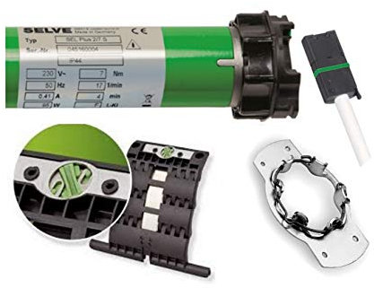 smarotech® Rollladen-Nachrüstset: Rohrmotor Selve SEL Plus 2/15 inkl. Einbruchschutz durch patentierte SecuBlock, Universallager, Anschlusskabel und SW 60 Adapter. (SEL Plus 2/15 mit 4 St. SecuBlock)