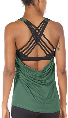 icyzone Damen Sport Tops mit Integriertem BH - 2 in 1 Yoga Gym Shirt Fitness Training Tanktop (L, Smoke Pine)
