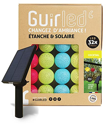 GuirLED - Guirlande d'extérieur boules lumineuses Guinguette LED - Étanche IP55 - Panneau solaire haut rendement - ON/OFF automatique - 32 boules 6m - Nouveau modèle Cocktail