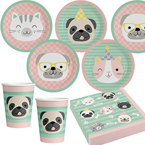 37-teiliges Partyset * SÜSSE Hunde + Katzen * mit Teller + Becher + Servietten + Deko | Tiere Hand Katze Kinder Geburtstag Kindergeburtstag Party