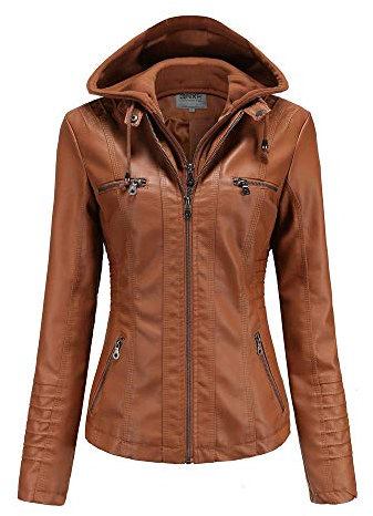 GITVIENAR Damen Lederjacke Kapuze Kunstleder Motorradjacke Bikerjacke Ladies Oberbekleidung mit Reißverschluss und Tasche (Braun, XL)
