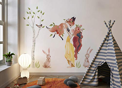 Wandtattoo Waldtiere und Mädchen I Blume Reh Fuchs Vogel Kaninchen Kinderbilder Junge Kinderzimmer Mädchen Aufkleber Osomhome os3646 (150x130cm)