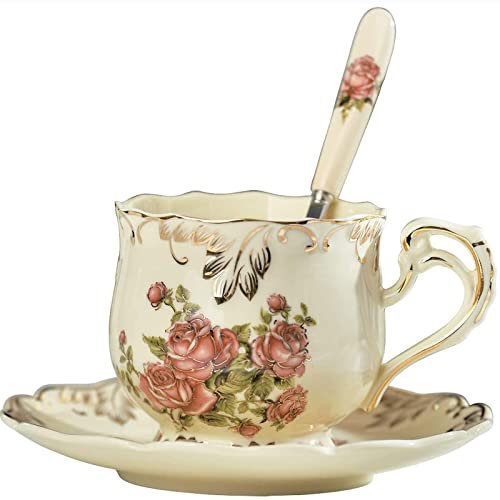 Jiotouhu tasses et soucoupes avec cuillères en porcelaine anglaise Motif rose vintage rétro