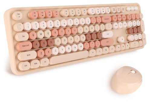 Tastatur Maus Set Kabellos, 2.4GHz tastatur kabellos mit abnehmbaren runden Tastenkappen, Niedliche 104 Tasten Milchtee Tastatur und Maus für Office Home Gaming