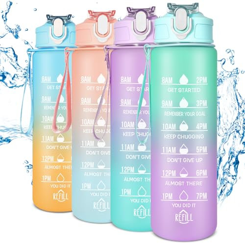 SUPPRUI Kids Water Bottle with Time Markings,700ML Motivational Water Bottles with Straw, Leakproof BPA-free Tritan Drink Bottle for Sport,Cycling,Gym, School & Office (Green & Purple)