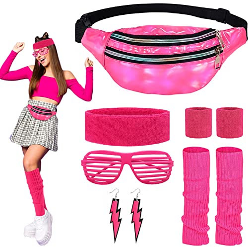 ALMDA Gürteltasche Set Damen 80er Jahre Kleidung, Sportlicher Stil Laser PU Bauchtasche, mit Neonrosa Armbänder/Stirnband/Brille/Ohrringe, für 80er 90er Kostüm Party Karneval (Rosa)