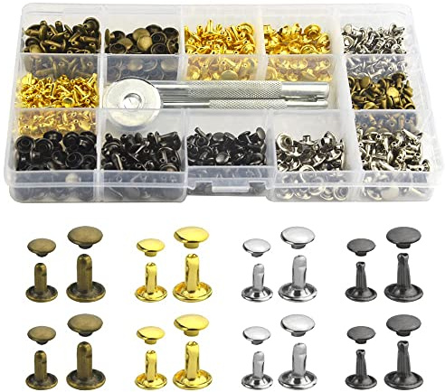 BGTXINGI 480 Stück (240 Set) 8 Values M6 M8 Leder Doppelkappe Kupfer Nieten Schnappverschluss Sortiment Rohrmetall Nieten mit 3 Befestigungswerkzeugen für Kleider- und Lederreparaturen Dekoration