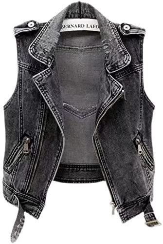 Giubbino Jeans Donna, Gilet Di Jeans Da Donna Nero Strappato Cerniera Senza Maniche Con Cerniera Jean Cappotto Da Motociclista Lavaggio Distressed Retrò Gilet Di Jeans Sbiadito Casual Capispalla Sc