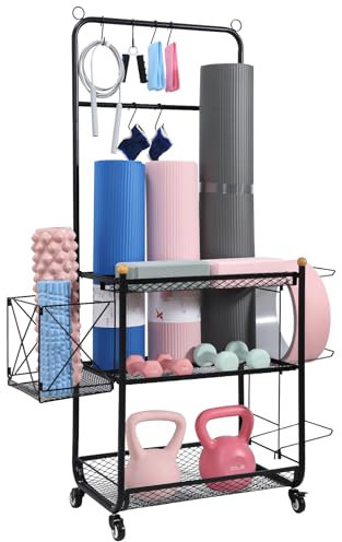 TOPWE Yoga Mat Storage Rack, 3 Tier Dumbbell Rack with Wheels and Hooks, Multifunctional Home Gym Storage Rack for Dumbbells Yoga Mats Foam Rollers Kettlebells