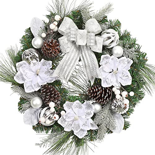 HAUSPROFI Weihnachtskranz 60CM Künstlicher Türkranz Weihnachten mit 20 LED, Weihnachtsgirlande mit Weihnachtskugel Weihnachtsblume Magnolia Beere für Haustür, Kamin und Wanddekoration, Silber
