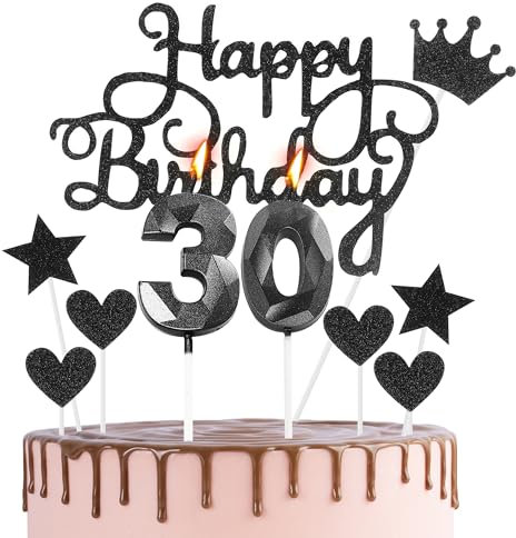Happy 30th Birthday Topper & Candles - Black 30 Candles for Cake - 30th Birthday Decorations
