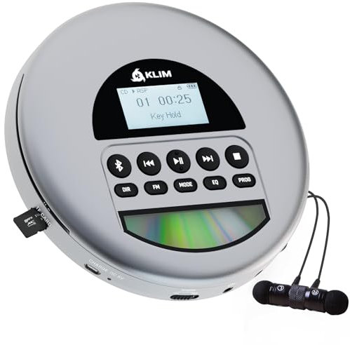 KLIM Nomad - Nouveauté - Lecteur CD Portable - Batterie Intégrée Longue Durée - avec Écouteurs - Compatible CD-R, CD-RW, MP3 - Bluetooth Baladeur Lecteur CD pour Voiture, Maison, Extérieur - Gris