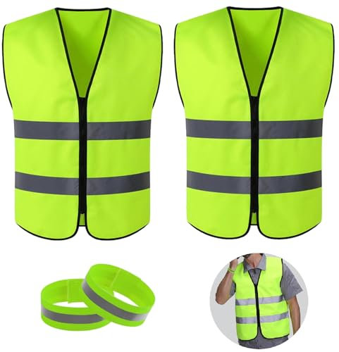Warnwesten Auto,Sicherheitsweste Auto,voll reflektierende Sicherheitsweste,Warnschutzweste Sicherheitswesten,2 Sicherheitswesten für Erwachsene mit 2 Reflektierend Armband für Autos,Fahrräder,Motorräd