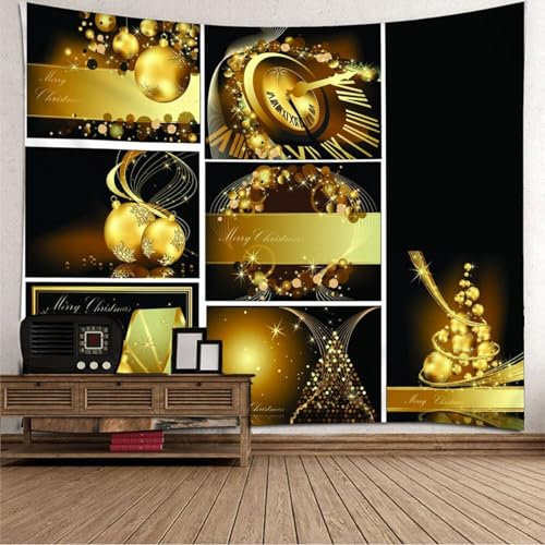 AMDXD Tapisserie Weihnachten 300x260CM, Weihnachtskugel mit Uhr Tapisserie Wandbehang Tagesdecke in Polyester Digitaldruck, Schwarz Gold