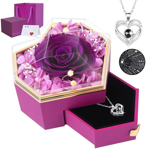 Firestyle Muttertagsgeschenke für Mama Konservierte lila echte Rose mit Ich Liebe Sie Halskette in 100 Sprachen-Ewige Geschenke für Ihre Frauen Frau Freundin auf Weihnachten Valentinstag Geburtstag
