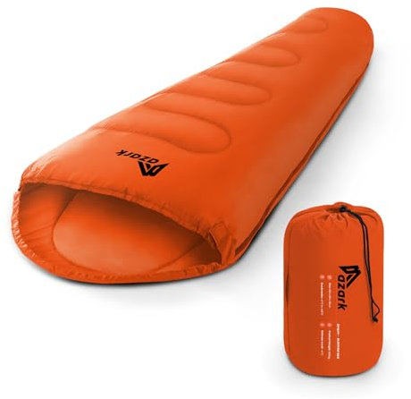 azark Premium Sleeping Bag, 350GSM, Lightweight and Waterproof, 4 Seasons of Camping, Hiking and Outdoors, Sleeping bag for Adults & Kids (Orange)