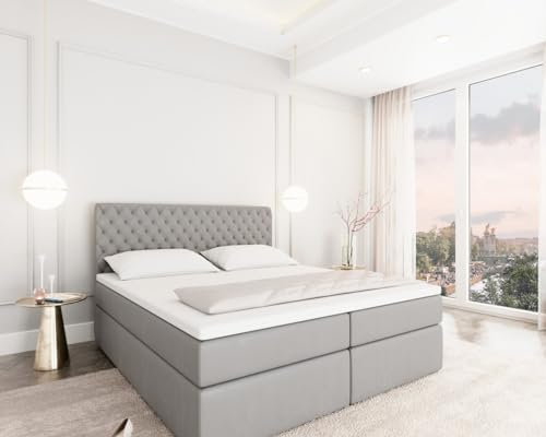 Sofa Dreams Leder Boxspringbett Lederbett Mejorada Komplettbett mit Matratze und Topper - Bett in Premium Kunstleder (Hellgrau, 140x200 cm)