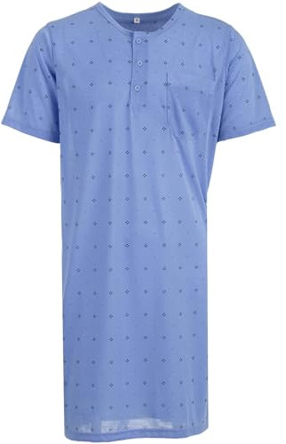 Lucky Herren Nachthemd Kurzarm Raute Punkt Tasche Schlafshirt Knöpfe Brusttasche, Farbe:hellblau, Größe:XL