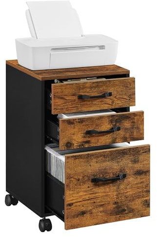 VASAGLE File Cabinet, 3 Drawers Filing Cabinet for Home Office, with Wheels, for A4, Letter Sized Documents, Hanging File Folders, Rustic Brown and Ink Black UOFC065B01
