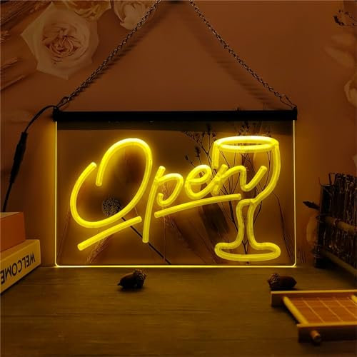 REWIS Open Goblet LED Neon Signboard, Bar Cocktails Neon Lights Wall Hanging Luminous Decor USB Powerd with Dimmer,Yellow,30x20cm