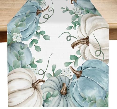 Runner da Tavolo Autunno, 183×33cm Runenr Foglia Zucche Autunnale Decorazione Tavola Autunno Interni (Zucche Blu)
