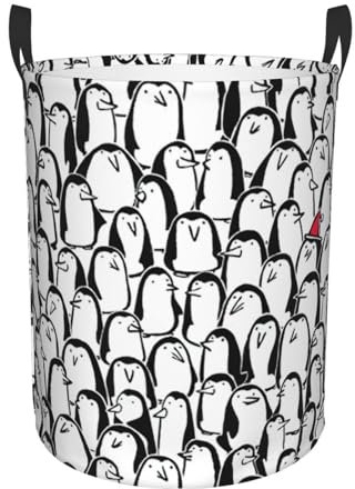 Stilvoller Wäschekorb mit Pinguin-Cartoon-Motiv, rund, wasserdicht, faltbar, Kleidertasche
