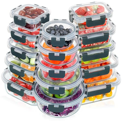 VERONES 30 Pieces Glass Food Storage Containers Set with Lids, Grey