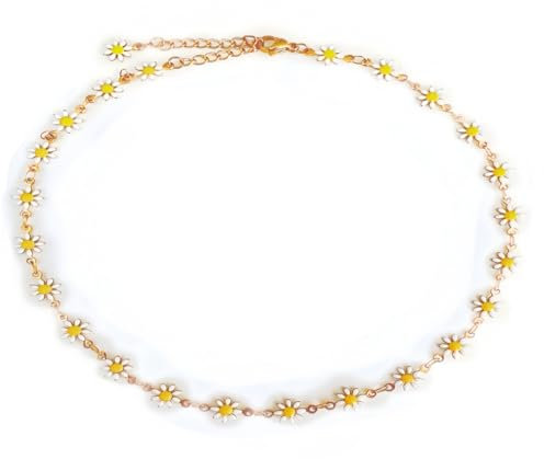 Mädelswelt Gänseblümchen Kette Choker Kette aus Edelstahl 316L kurze Halskette mit Emaille Blumenanhängern Lange ca.35cm+6cm (Gold)