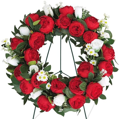 AILVEMEE Friedhofskränze für Gräber, Weihnachtskranz für Friedhof, Grabkranz, Grabsteinkränze auf Metallständer, künstliche Frühlingsblumenkranz: rote Pfingstrose, weiße Rose